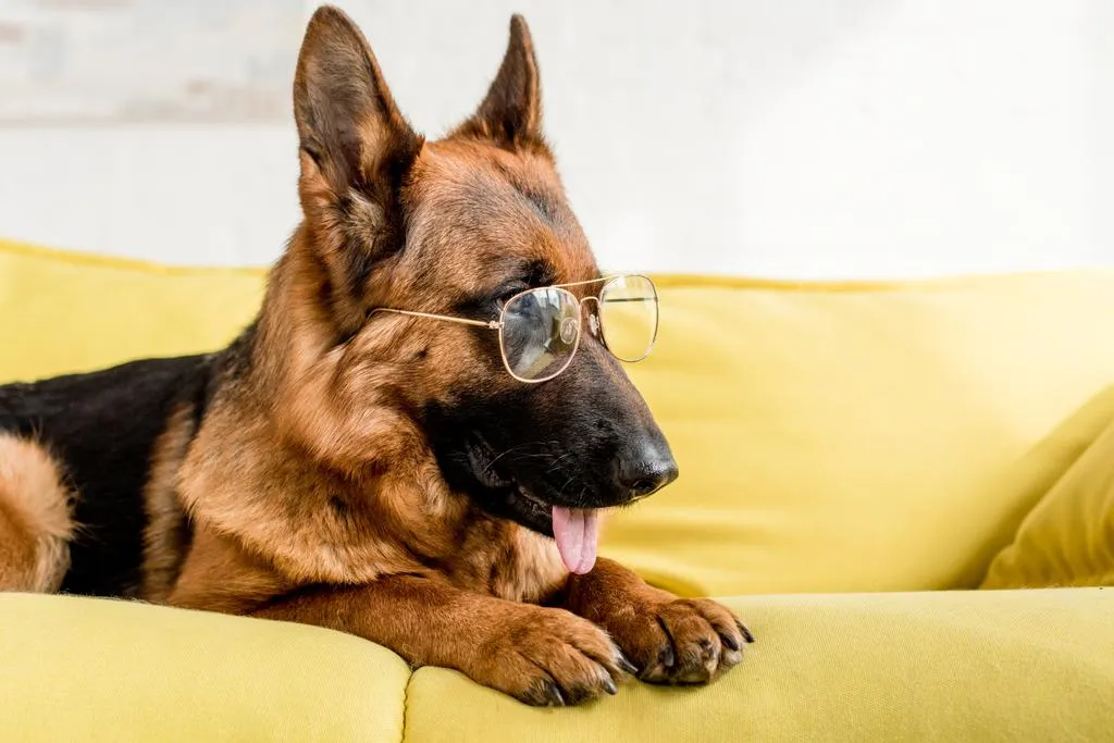 Cute German Shepherd in glasses lying on bright yellow couch in apartment 