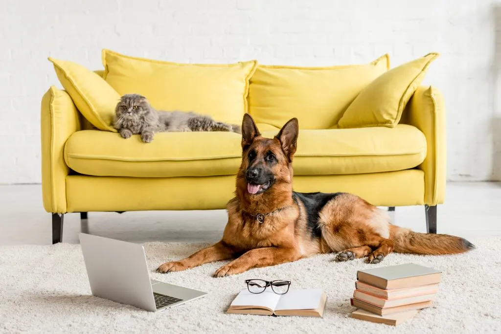 Cute German Shepherd lying on floor with laptop and books in and grey cat lying on couch