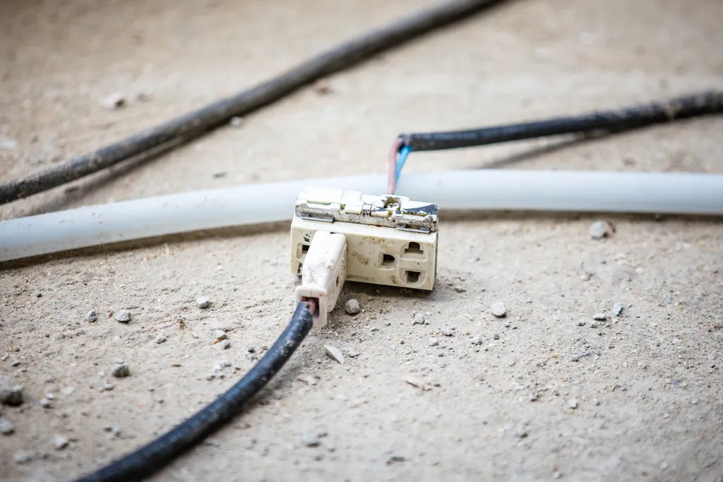 Old power electric plug socket and cable on floor