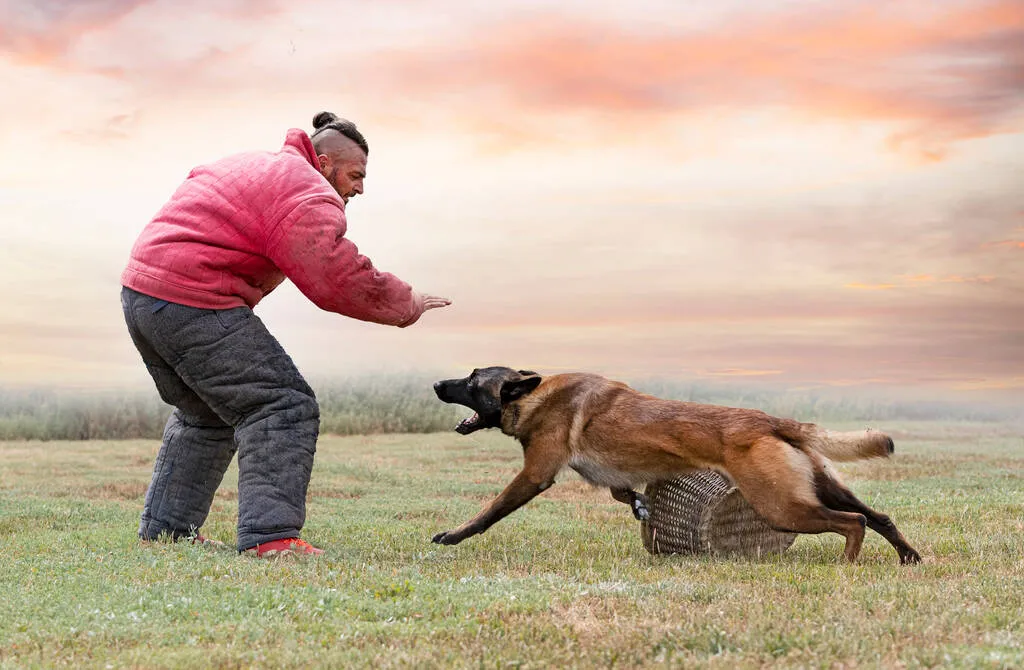 Young belgian shepherd training in the nature for security 