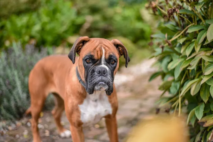 Boxer dog is standing in Park
