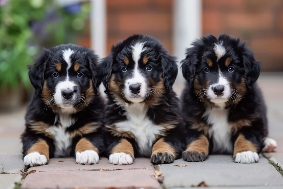 Three Miniature Australian Shepherds Puppies are sitting